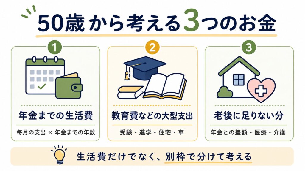50歳から考える3つのお金。年金までの生活費、教育費などの大型支出、老後に足りない分を分けて考える図
