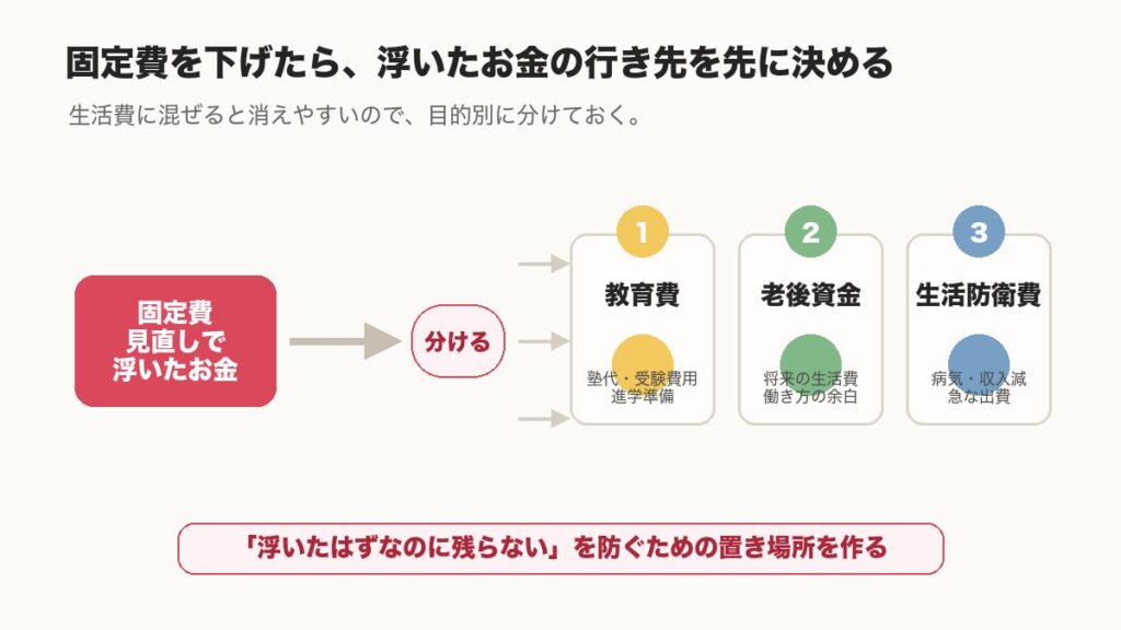 固定費見直しで浮いたお金を教育費、老後資金、生活防衛費に分ける図