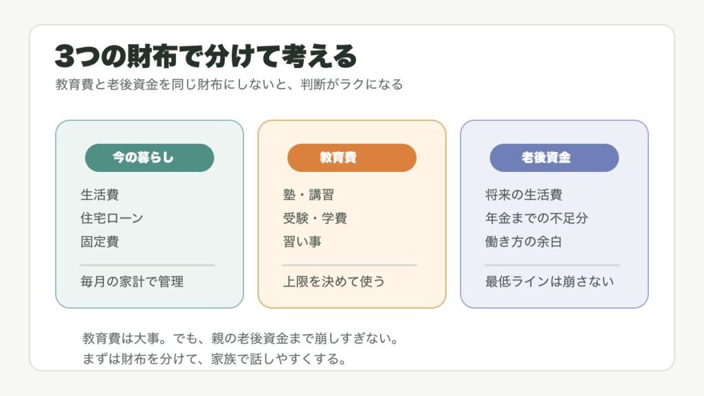 今の暮らし、教育費、老後資金を3つの財布に分けて考える図