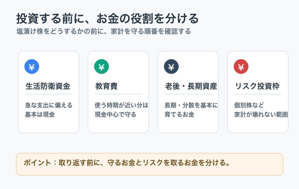 生活防衛資金、教育費、老後資金、リスク投資枠を分ける図