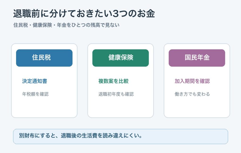退職後の住民税、健康保険料、国民年金保険料を別に準備する図