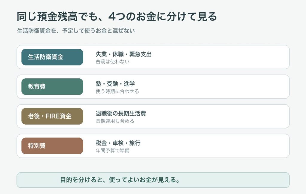 生活防衛資金、教育費、老後FIRE資金、特別費を分ける図