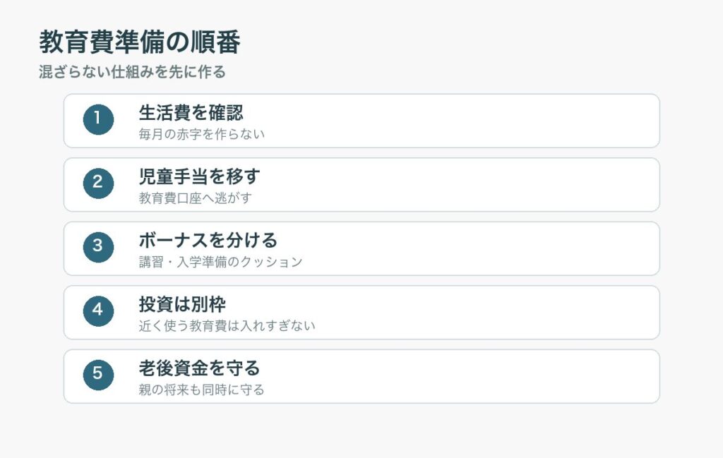 教育費準備を生活費、児童手当、ボーナス、投資、老後資金の順で確認する図