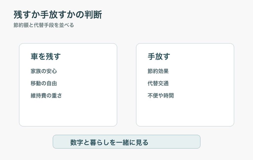 車を残すか手放すかを使用頻度、代替交通、家族の安心、老後資金で比べる図