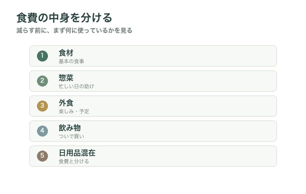 食費を食材、惣菜、外食、飲み物、日用品混在に分けて見える化する図
