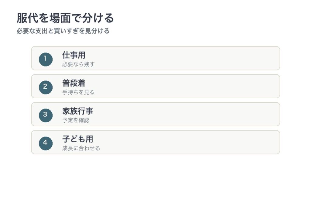 服代を仕事用、普段着、家族行事、子ども用に分ける図