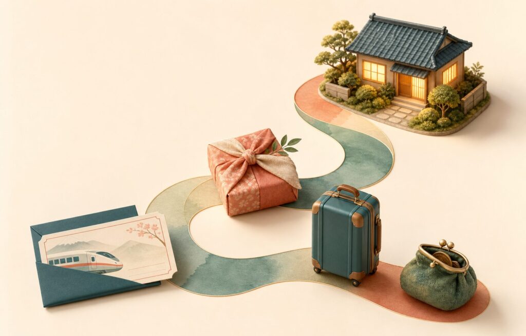 帰省にかかる交通費、手土産、滞在費、予備費を一つの旅として表した立体イラスト