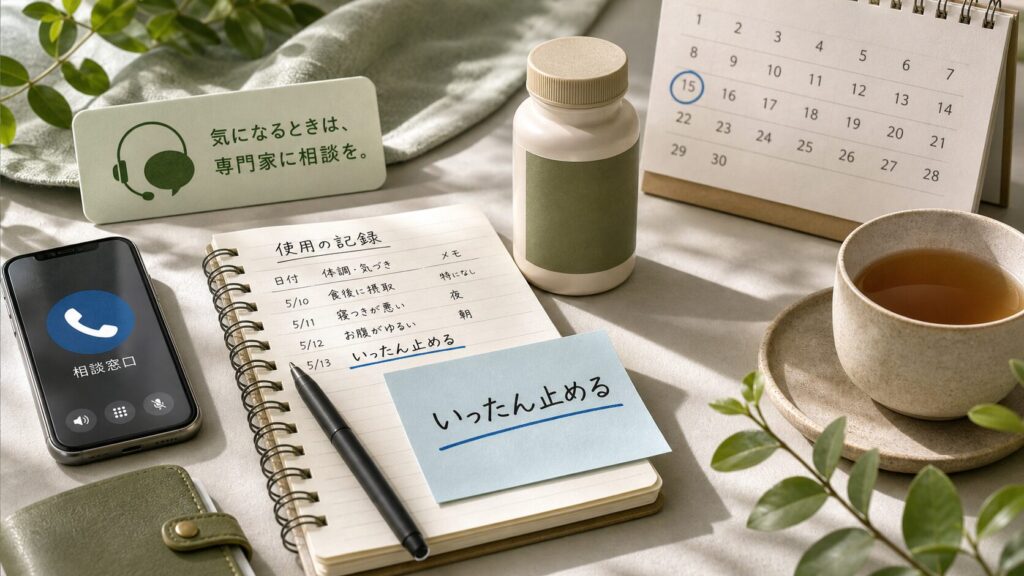 健康食品をいったん止めて使用記録と相談先を確認するノートとスマホ