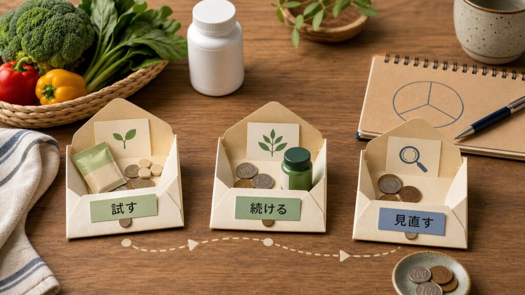 健康食品費を試す、続ける、見直すに分ける封筒と家計メモ