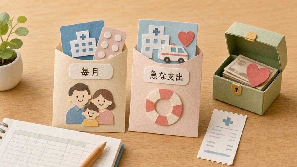 毎月の医療費と急な医療費を封筒で分ける家計管理のイラスト