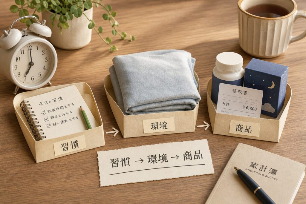 睡眠支出を習慣、環境、商品の順に並べた木製机上の立体イラスト