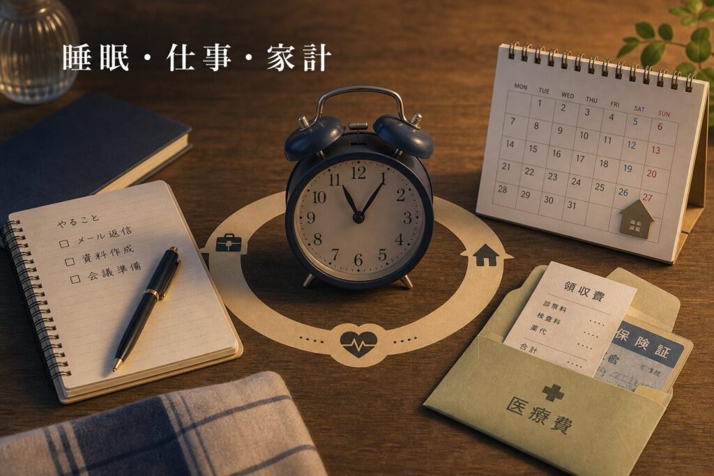 睡眠、仕事、家計、医療費のつながりを時計と書類で示す立体イラスト