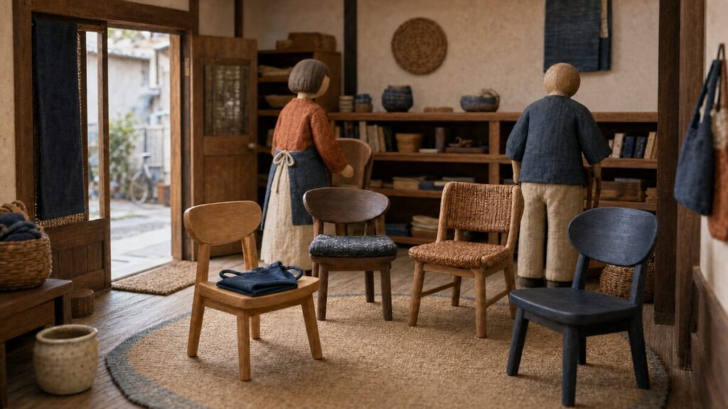 地域の交流室で椅子を整える木製の人形と、輪に加わるための空いた椅子のジオラマ
