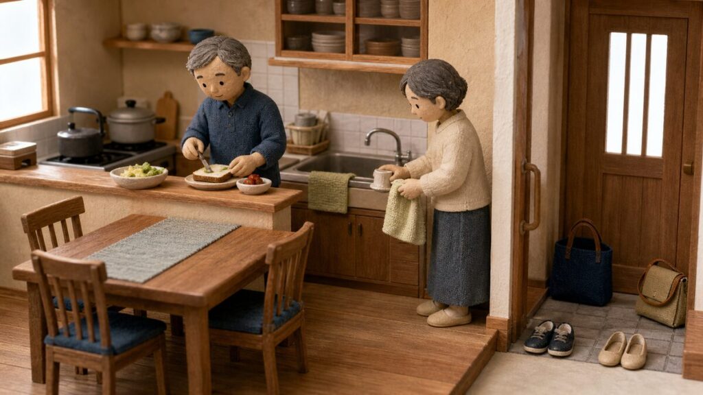外出前に自分の昼食と食器の片付けをそれぞれ行う50代夫婦の木と陶土のジオラマ
