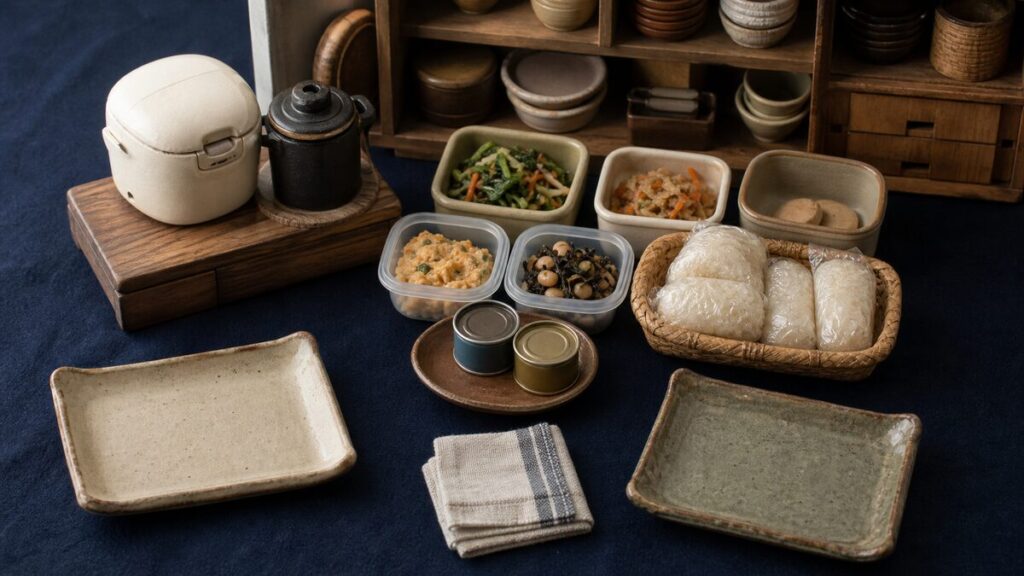 冷凍ごはん、常備菜、缶詰、炊飯器、2枚の器を並べた無人の昼食準備スペース
