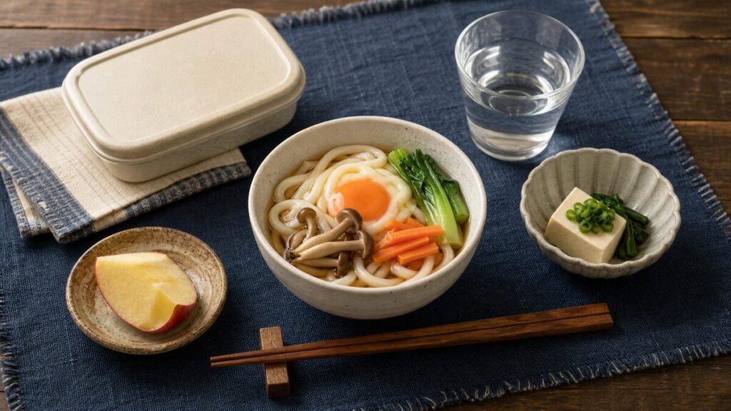 野菜と卵入りうどん、豆腐の小鉢、果物、水を並べた無人の食卓