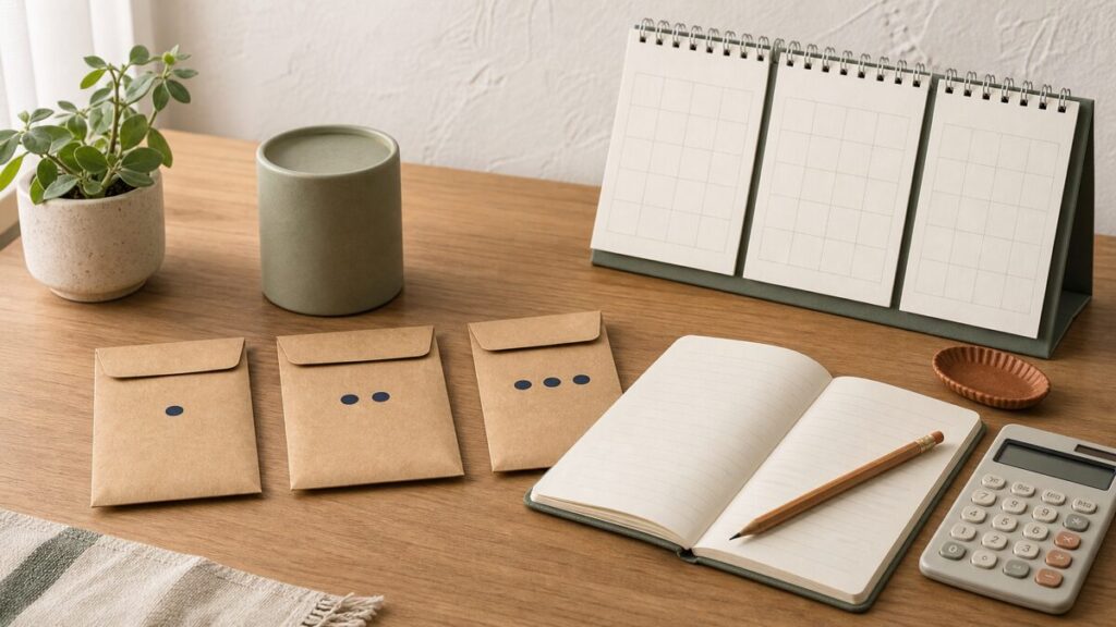 3か月分の封筒、家計ノート、カレンダー、電卓を置いた無人の静物画