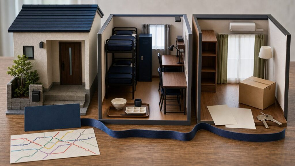 自宅通学、学生寮、アパートの3つの住まいを比べる人物のいない机上模型