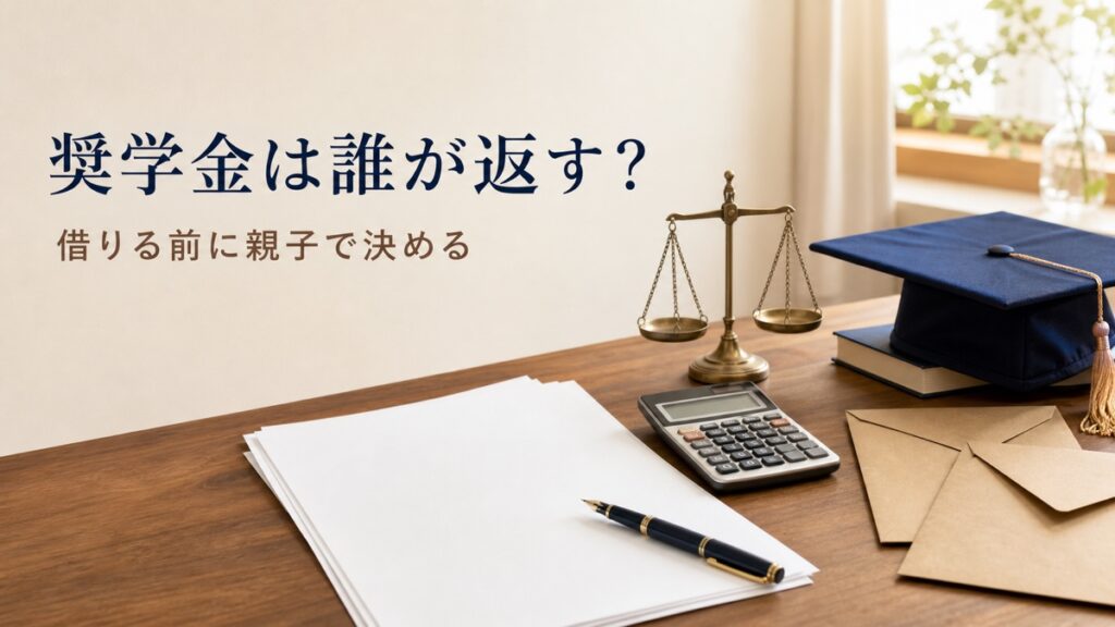 奨学金の返還を考える書類、卒業帽、電卓、封筒、天秤を置いた無人の机