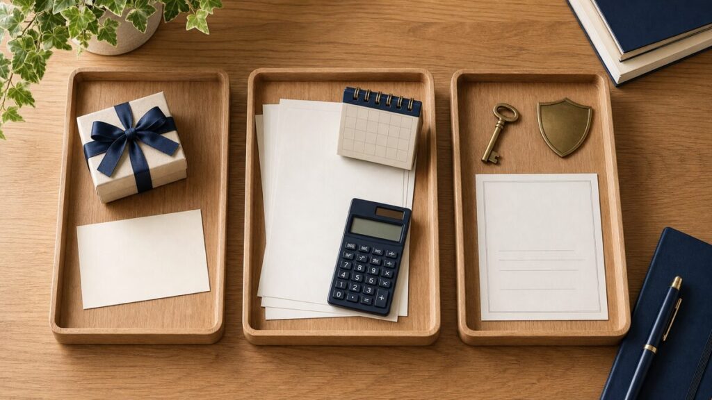 奨学金の給付、貸与、保証を3つの木製トレーに分けた無人の静物