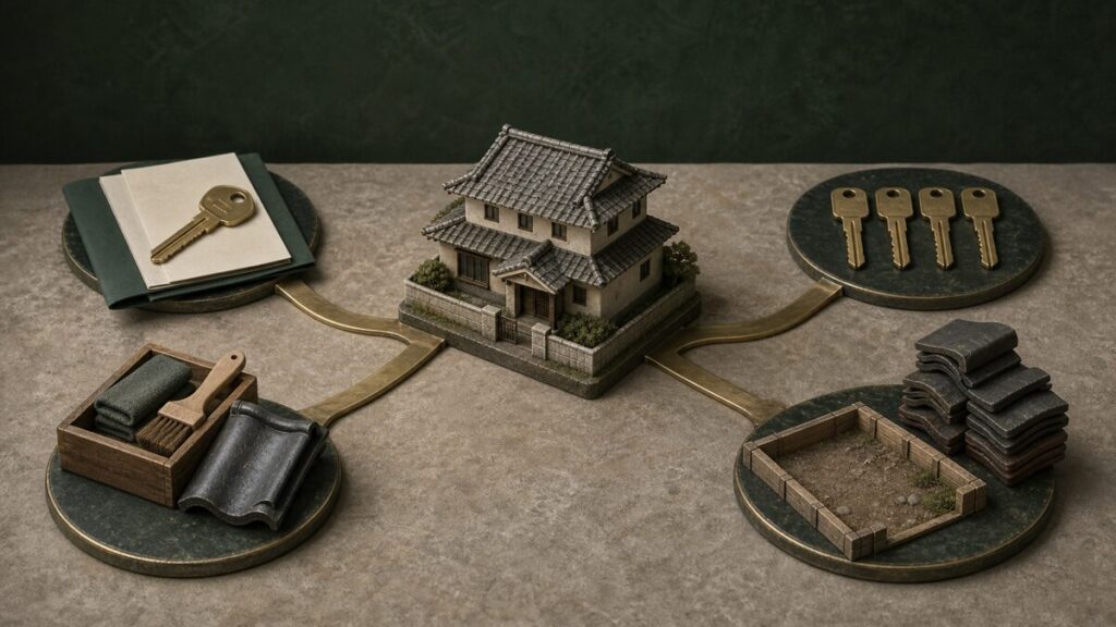 実家を売る、貸す、残す、解体する四つの選択肢を表した無人立体模型