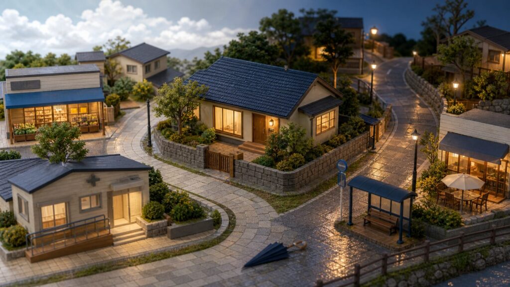 スーパー、診療所、バス停、坂道、街灯、カフェがある住み替え候補地