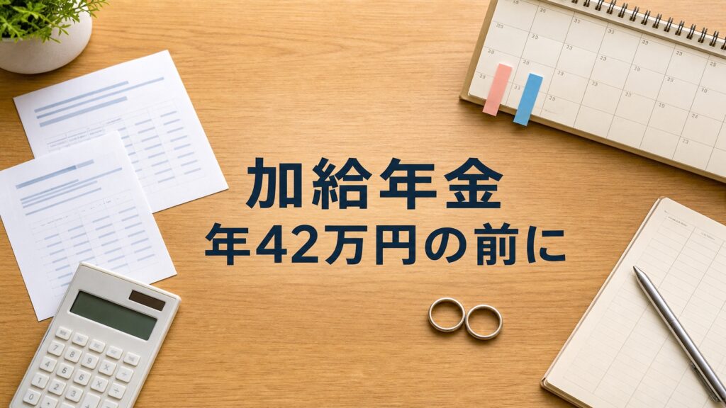 加給年金と夫婦の年齢差を確認する年金通知、カレンダー、家計ノート