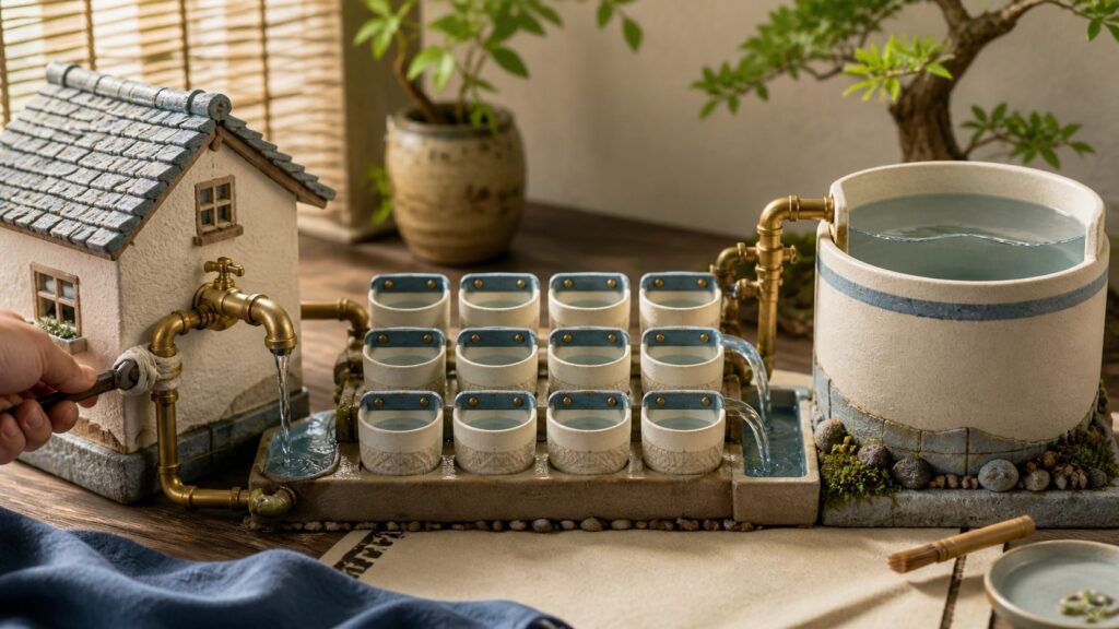 家の配管の漏れを塞ぎ年間カレンダーの容器へ水をためる立体イラスト